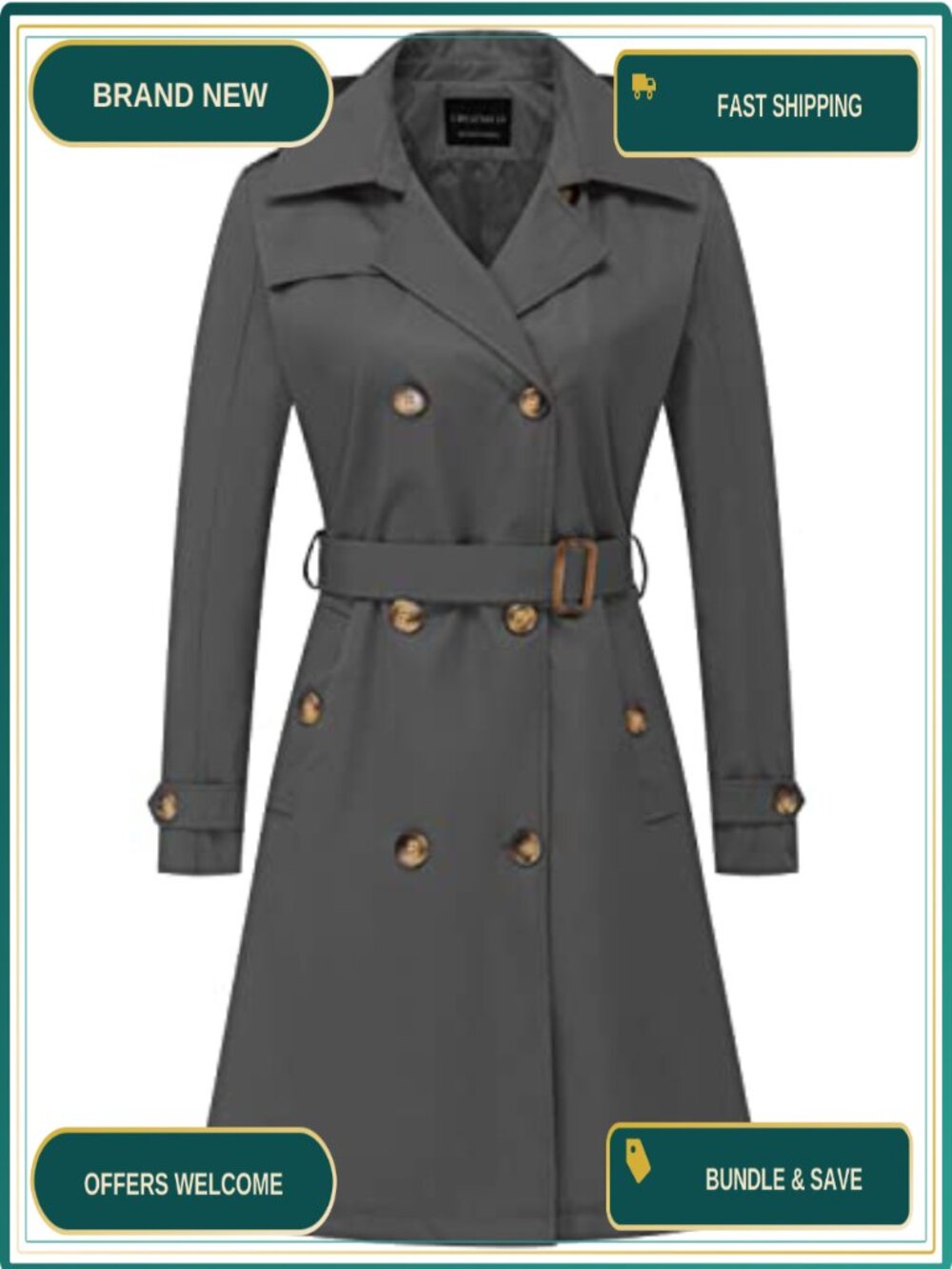 Long Trench Coat Double-Breasted Classic Lapel Belted Slim Outerwear Detachable